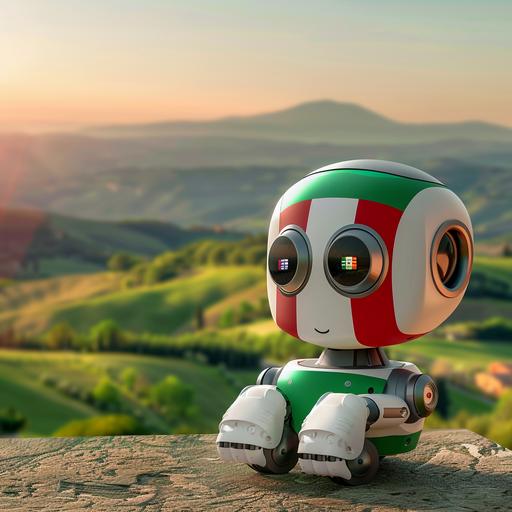 a nice and friendly looking chatbot with the Italian flag (green, white and red) and in the background an Italian country