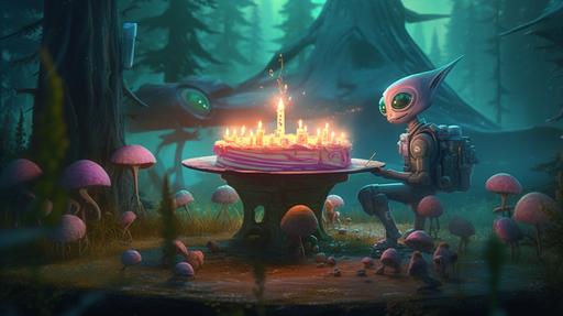 a nice female alien brings a birthday cake with on top a little device that can transfer wisdom and knoledge, on the back ground the spaceship and others aliens in the forest, psychedelic, futuristic, --ar 16:9