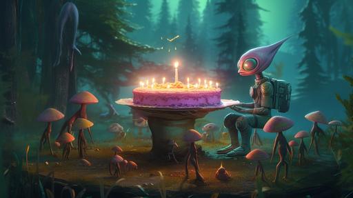 a nice female alien brings a birthday cake with on top a little device that can transfer wisdom and knoledge, on the back ground the spaceship and others aliens in the forest, psychedelic, futuristic, --ar 16:9