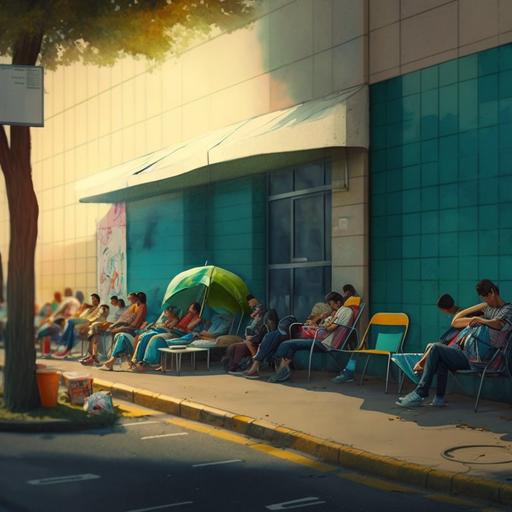 a nice resting and relaxing space on the street for people waiting outside a hospital in a metropolitan area. In this area, people are sitting on big puffs, plastic chairs, and couches and having a meal --s 250