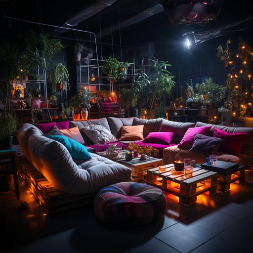 a night indoor party with light neon decor, luminous white bars, sofas and chairs. stranger things style --s 750 --v 5.2 --style raw