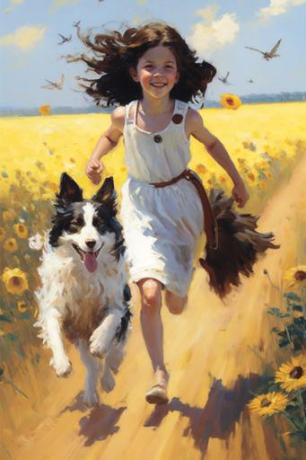 a nine-year-old boy with messy hair, a black t-shirt, white shorts and an extremely long scarf around his neck, running through tall sunflower fields, holding a nine-year-old girl's hand with a wavy brunette with medium-length hair and muddy white dress, along with a small husky puppy, all chasing and playing around blue and black butterflies, realistic, fun, art, 4k --v 4 --ar 2:3 --v 4 --q 0.5