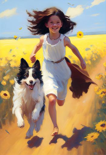a nine-year-old boy with messy hair, a black t-shirt, white shorts and an extremely long scarf around his neck, running through tall sunflower fields, holding a nine-year-old girl's hand with a wavy brunette with medium-length hair and muddy white dress, along with a small husky puppy, all chasing and playing around blue and black butterflies, realistic, fun, art, 4k --v 4 --ar 2:3 --v 4 --q 0.5