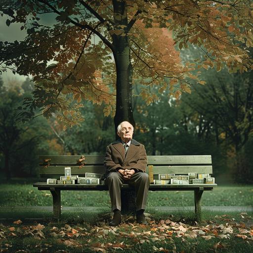 a old senior man sitting on a bench in a park, the gras ist green, the man is european, he is lonely next to him on the bench is a big, high ,huge bundle euro notes formed as a pile of money almost as high as the old man is, format 1: 25, coloured, the man has grey hair, photorealistic, s300 he sits under a tree , autumn, he looks straight to the camera , his hands have 5 fingers, like newton, hyperrealistic,