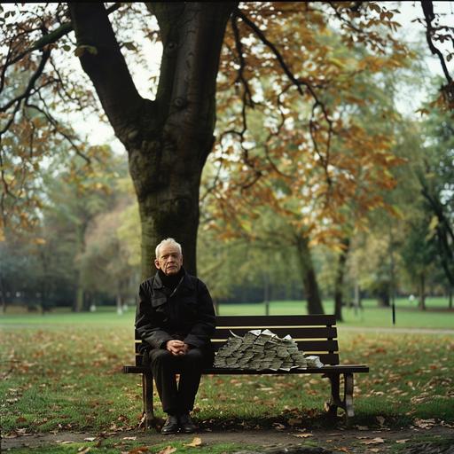 a old senior man sitting on a bench in a park, the gras ist green, the man is european, he is lonely next to him on the bench is a huge bundle euro notes formed as a pile of money, format 1: 25, coloured, the man has grey hair, photorealistic, s300 he sits under a tree , autumn, he looks straight to the camera