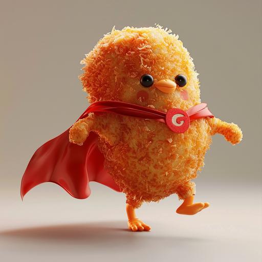 a one chicken nugget wearing red cape, and posing like a super hero, cartoon style, looks funny