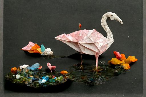 a origami flamingo staing in a pond with water made of plastic foil, koy swimming in the pond, pond decorated with small stones and broken glass and porcelain --ar 3:2