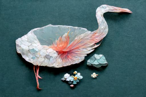 a origami flamingo staing in a pond with water made of plastic foil, koy swimming in the pond, pond decorated with small stones and broken glass and porcelain --ar 3:2