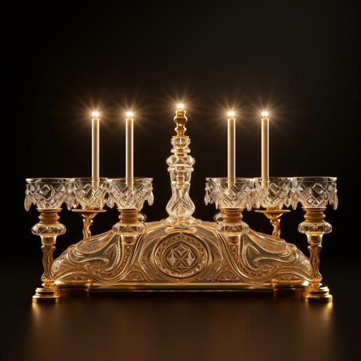 a ornate crystal menorah all eight gold candles are lit done in an otoman style detailed cut glass cinematic lighting