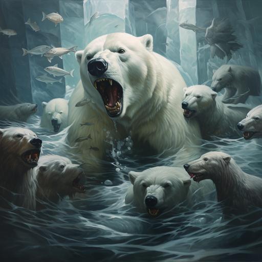 a pack of white wolves watch a huge polar bear in arctic tundra pulling a beluga whale out of an ice hole