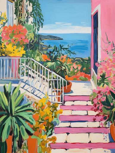 a painting, Matisse, garden, house, flowers, mediterranean --ar 3:4