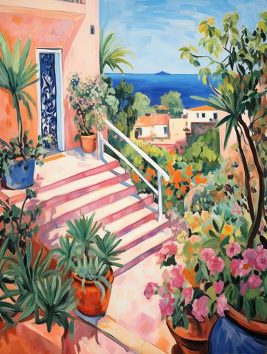 a painting, Matisse, garden, house, flowers, mediterranean --ar 3:4