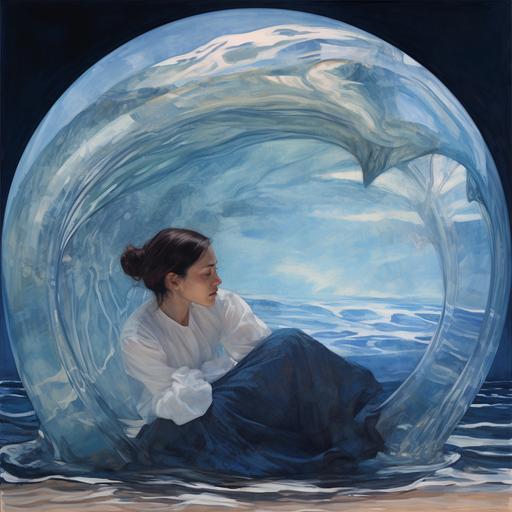 a painting exploring the theme ‘we devour the ocean and she devours us’ in the style of Ferdinand Hodler. A woman inside of a transparent whale.