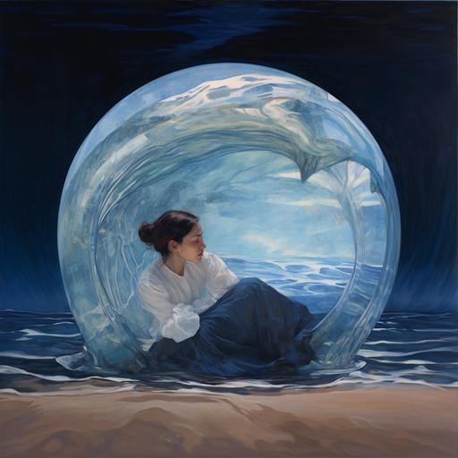 a painting exploring the theme ‘we devour the ocean and she devours us’ in the style of Ferdinand Hodler. A woman inside of a transparent whale.