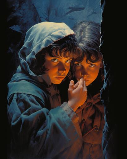 a painting for dungeons and dragons painted by Michael Whelan that depicts a close up of 2 kids whispering into each others ears discretely, worried, indecisive expression on face, symbol --ar 4:5