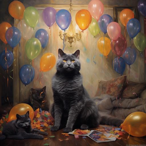 a painting hung in a living room, shows a Russian Blue cat, celebrate birthday, along with dogs and cats, Impressionism style