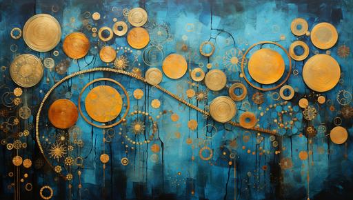 a painting in gold, blue and orange with flowers, in the style of intricate steampunk, kinetic patterns, dark azure, circular shapes, batik, expansive, dark cyan --ar 37:21