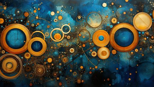 a painting in gold, blue and orange with flowers, in the style of intricate steampunk, kinetic patterns, dark azure, circular shapes, batik, expansive, dark cyan --ar 37:21