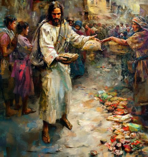 a painting of A man resembling Jesus Christ, with a serene and compassionate expression, distributing provisions to the poor. The scene reminiscent of an oil painting, with vibrant colors and rich textures. The man's joyful countenance radiating love and kindness as he extends a helping hand to those in need. A timeless portrayal of generosity and altruism, capturing the essence of giving and compassion --style raw --v 6.0 --ar 67:71