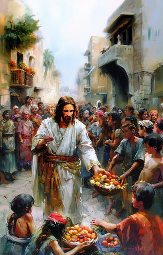 a painting of A man resembling Jesus Christ, with a serene and compassionate expression, distributing provisions to the poor. The scene reminiscent of an oil painting, with vibrant colors and rich textures. The man's joyful countenance radiating love and kindness as he extends a helping hand to those in need. A timeless portrayal of generosity and altruism, capturing the essence of giving and compassion --style raw --v 6.0 --ar 55:86