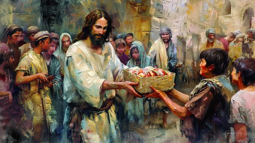 a painting of A man resembling Jesus Christ, with a serene and compassionate expression, distributing provisions to the poor. The scene reminiscent of an oil painting, with vibrant colors and rich textures. The man's joyful countenance radiating love and kindness as he extends a helping hand to those in need. A timeless portrayal of generosity and altruism, capturing the essence of giving and compassion --ar 16:9 --style raw --v 6.0