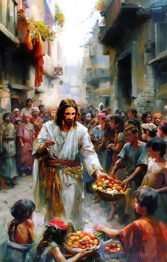 a painting of A man resembling Jesus Christ, with a serene and compassionate expression, distributing provisions to the poor. The scene reminiscent of an oil painting, with vibrant colors and rich textures. The man's joyful countenance radiating love and kindness as he extends a helping hand to those in need. A timeless portrayal of generosity and altruism, capturing the essence of giving and compassion --style raw --v 6.0 --ar 55:86