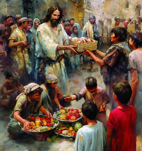 a painting of A man resembling Jesus Christ, with a serene and compassionate expression, distributing provisions to the poor. The scene reminiscent of an oil painting, with vibrant colors and rich textures. The man's joyful countenance radiating love and kindness as he extends a helping hand to those in need. A timeless portrayal of generosity and altruism, capturing the essence of giving and compassion --style raw --v 6.0 --ar 67:71