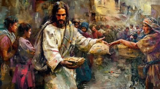 a painting of A man resembling Jesus Christ, with a serene and compassionate expression, distributing provisions to the poor. The scene reminiscent of an oil painting, with vibrant colors and rich textures. The man's joyful countenance radiating love and kindness as he extends a helping hand to those in need. A timeless portrayal of generosity and altruism, capturing the essence of giving and compassion --ar 16:9 --style raw --v 6.0