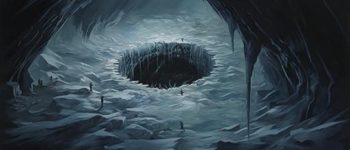 a painting of a 90 degrees downward view of an ice fishing hole. Inside the ice fishing hole, in the water underneath the ice, is a human sized sea monster swimming and looking up through the ice --ar 7:3