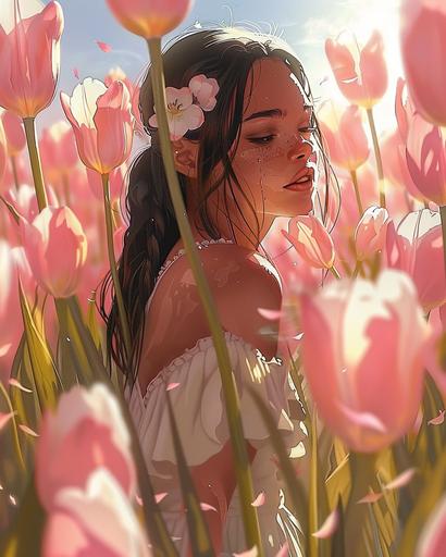 a painting of a beautiful long dark hair with ponytail woman well-tanned skin, she has white flowers in her hair, in a field of pink tulips, and rays of sun on her skin, in a style of  --ar 4:5