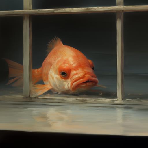 a painting of a big blind and sad goldfish in the style of Michael Borremans