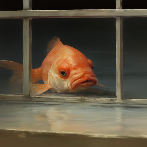 a painting of a big blind and sad goldfish in the style of Michael Borremans