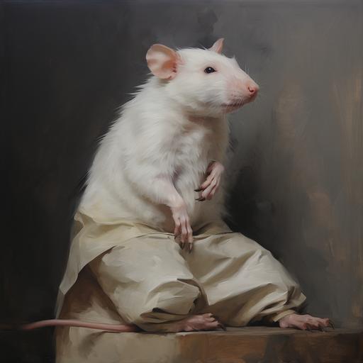 a painting of a big sad rat in the style of Michael Borremans