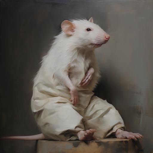 a painting of a big sad rat in the style of Michael Borremans