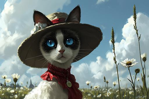 a painting of a cat wearing a hat in a field of flowers, whimsical art, beautiful digital artwork, surreal and fantasy art, a beautiful artwork illustration, shrubs and flowers. esao andrews, elegant cat, flower storm portrait, dreamy art, by Kerembeyit, cute detailed digital art, cute detailed artwork, very very beautiful furry art, beautiful digital art --ar 3:2 --c 100 --s 450 --v 6.0