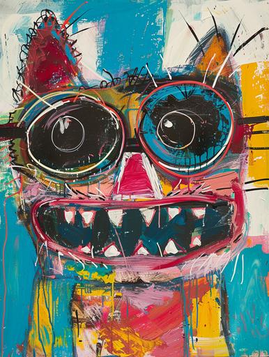 a painting of a chubby tiger with sunglasses with bright colors, in the style of jean-michel basquiat, jean dubuffet, intense emotional expression, hans von aachen --ar 3:4