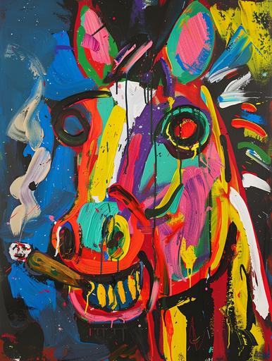 a painting of a horse smoking a joint with bright colors, in the style of jean-michel basquiat, jean dubuffet, intense emotional expression, hans von aachen --ar 3:4