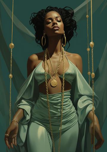 a painting of a woman full shot with gold jewelry standing strong, in the style of mint and amber, digital illustration, suspended/hanging, editorial cartooning, calarts, full body shot, harlem renaissance --ar 59:84