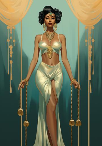 a painting of a woman full shot with gold jewelry standing strong, in the style of mint and amber, digital illustration, suspended/hanging, editorial cartooning, calarts, full body shot, harlem renaissance --ar 59:84