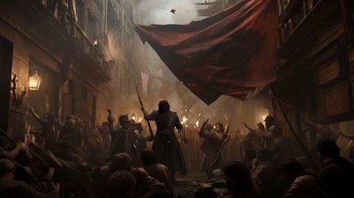 a painting of a women holding a flag in front of a mob, in the style of light bronze and navy, laurent chehere, richard hescox, gaston lachaise, piratepunk, associated press photo, disfigured forms::scene from a modern dramatic movie --v 5.2 --ar 16:9 --style raw