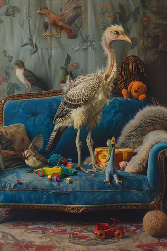 a painting of an archaeopteryx on a blue couch with various toys, in the style of eerily realistic, asymmetrical framing, lith printing, goosepunk, realistic bird paintings, pictorialism, playful, youthful images --ar 2:3 --v 6.0 --style raw