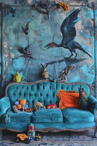 a painting of an archaeopteryx on a blue couch with various toys, in the style of eerily realistic, asymmetrical framing, lith printing, goosepunk, realistic bird paintings, pictorialism, playful, youthful images --ar 2:3 --v 6.0 --style raw