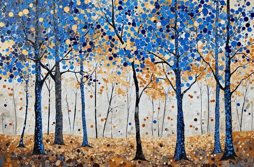 a painting of blue and gold trees, in the style of confetti-like dots, light white and brown, captures the essence of nature, colourful mosaics, hard-edge painting, nature-inspired art, frenetic brushwork --ar 62:41 --v 6.0