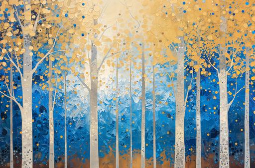 a painting of blue and gold trees, in the style of confetti-like dots, light white and brown, captures the essence of nature, colourful mosaics, hard-edge painting, nature-inspired art, frenetic brushwork --ar 62:41 --v 6.0