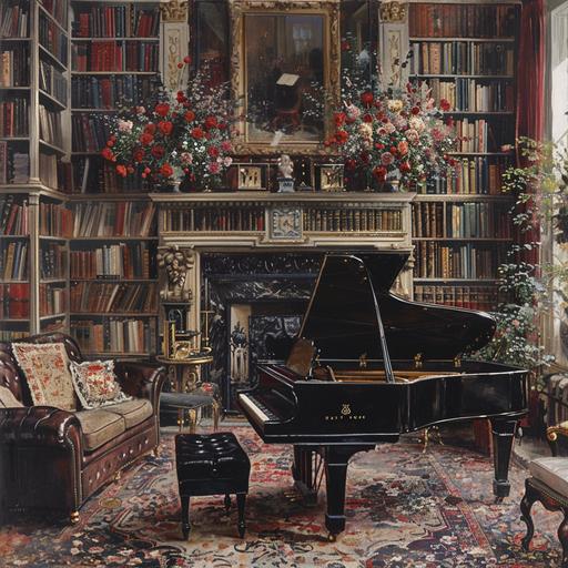 a painting of one of the most delightful bachelor rooms in London from 1920. It is a townhouse at 110A Piccadilly in London. A jewel-box of rare editions, it has a decorative scheme of black and primrose, Chesterfield sofas, a black baby grand piano, a roaring fireplace, and vases full of red and gold chrysanthemums. The walls of course are mostly filled with shelves of old books. --v 6.0 --s 250 --style raw