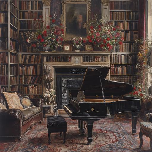 a painting of one of the most delightful bachelor rooms in London from 1920. It is a townhouse at 110A Piccadilly in London. A jewel-box of rare editions, it has a decorative scheme of black and primrose, Chesterfield sofas, a black baby grand piano, a roaring fireplace, and vases full of red and gold chrysanthemums. The walls of course are mostly filled with shelves of old books. --v 6.0 --s 250 --style raw