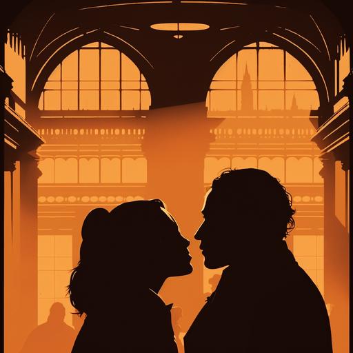 a painting of two young lovers in silhouette kissing in grand central terminal in New York in the style of Wes Anderson