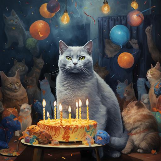 a painting shows a Russian Blue cat, celebrate birthday, along with Shiba dogs and cats, Impressionism style