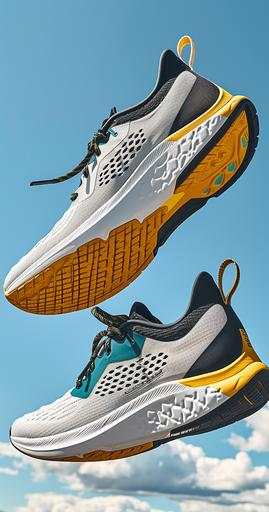 a pair of Brooks Glycerin 21 running shoes mid-fall against a backdrop of a stunningly clear blue sky with dynamic, fluffy clouds. The closest shoe to the viewer, colored in a vibrant mix of Coconut/Forged Iron/Yellow, should have its laces realistically untied, capturing the motion of descent with laces fluttering in the air. The second shoe, its identical twin, should be slightly further away in the background, angled to mirror its pair, suggesting it has just slipped off a runner’s foot mid-stride in the sky. Enhance the image with a sharp focus on the textured details of the shoes, reflecting the comfort and streamlined design of the Glycerin 21, and ensure the shoes' plush cushioning and breathable upper are prominently featured --ar 67:128 --v 6.0 --c 30