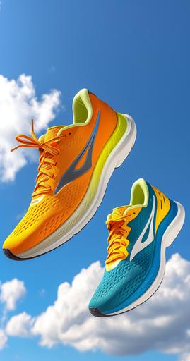 a pair of Brooks Glycerin 21 running shoes mid-fall against a backdrop of a stunningly clear blue sky with dynamic, fluffy clouds. The closest shoe to the viewer, colored in a vibrant mix of Coconut/Forged Iron/Yellow, should have its laces realistically untied, capturing the motion of descent with laces fluttering in the air. The second shoe, its identical twin, should be slightly further away in the background, angled to mirror its pair, suggesting it has just slipped off a runner’s foot mid-stride in the sky. Enhance the image with a sharp focus on the textured details of the shoes, reflecting the comfort and streamlined design of the Glycerin 21, and ensure the shoes' plush cushioning and breathable upper are prominently featured --ar 67:128 --v 6.0 --c 30